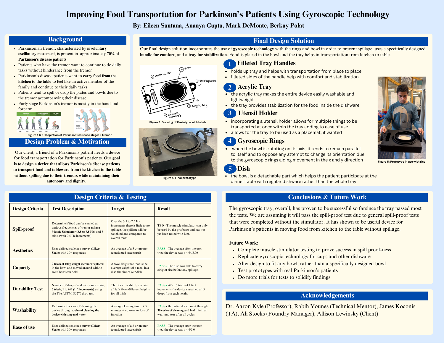 EGR 101 team poster showing the food transportation prototype, labeled components, and test results